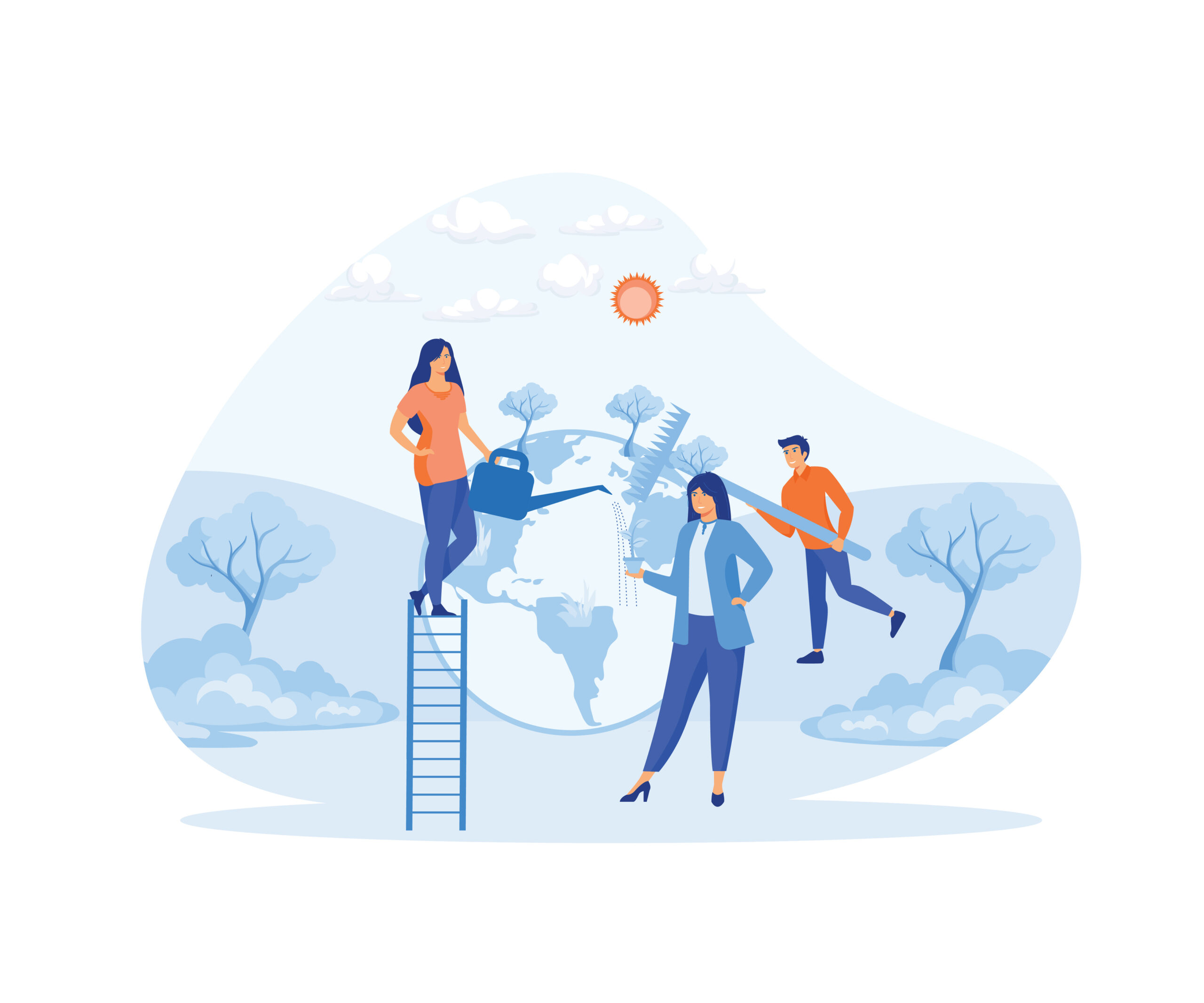 People take care about planet ecology. Cleaning, green planting and watering. flat vector modern illustration